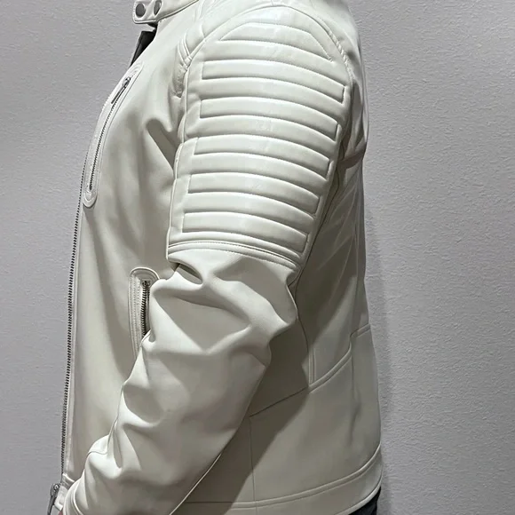 Zara Men's Cream Leather Bomber Jacket - Picture 4 of 5
